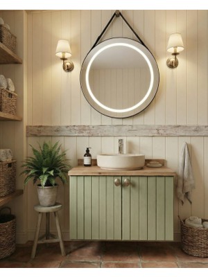 Adn Dizayn Banyo Dolabı-Asma 2 Kapaklı Lavabosuz-Ahşap-Mat Yeşil Mdf 100 Cm-Ledli Ayna