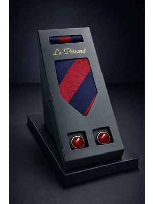 Kravatkolik Kırmızı - Lacivert Mendilli Klasik Kravat Kol Düğmesi Erkek Hediye Seti OS597