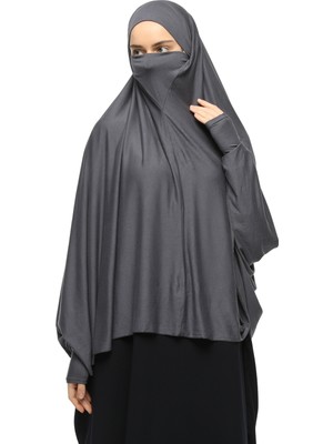 Altobeh Kollu Sufle Çarşaf Üstü Peçeli Pratik Tesettür Hijab - Nikaplı Namaz Örtüsü - Füme