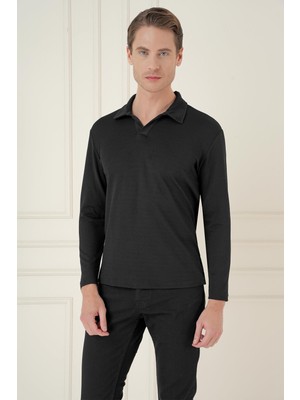 Efor Erkek Slim Fit Pamuklu Uzun Kollu Polo Yaka Siyah T-Shirt TS 890