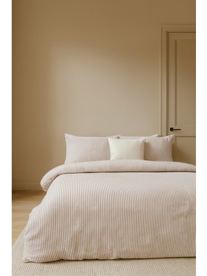 Barine İnce Çizgili Pamuk Saten Çift Kişilik Nevresim Seti Kızıl Kahve