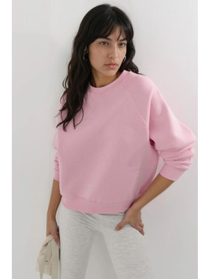 Hiccup Kadın Busem Bisiklet Yaka Uzun Kollu Örme Sweatshirt Toz Pembe