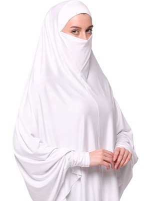 Altobeh Kollu Sufle Çarşaf Üstü Peçeli Pratik Tesettür Hijab - Nikaplı Namaz Örtüsü - Beyaz