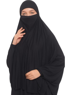 Altobeh Kollu Sufle Çarşaf Üstü Peçeli Pratik Tesettür Hijab - Nikaplı Namaz Örtüsü - Siyah