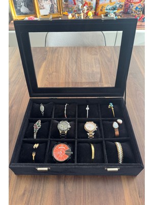 UltraMint Siyah Süet Saat Saklama Kutusu, 12'li, Cam Kapaklı, 35X25X9 cm