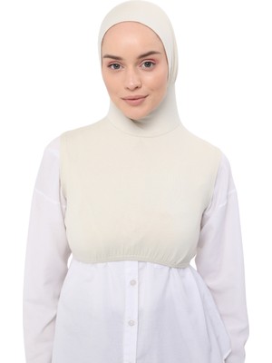 Altobeh Sıfır Kollu Boyunluklu Boneli Yarım Body - Krem