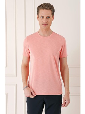 Efor Slim Fit Bisiklet Yaka Doku Desenli Pamuklu Mercan Tişört Ts 881