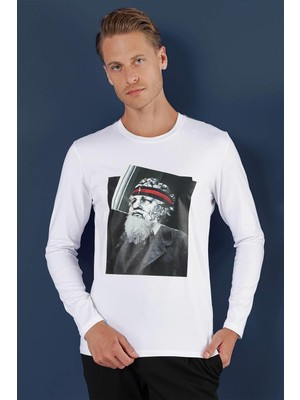 Efor Erkek Slim Fit Poseidon Baskılı Pamuklu Uzun Kollu Beyaz Tişört TS 863
