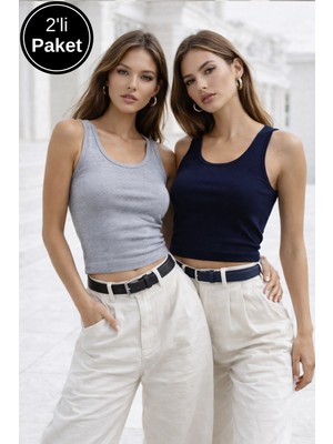 Rich Kadın Lacivert Gri 2'li Paket Basic Günlük Şık Crop Atlet