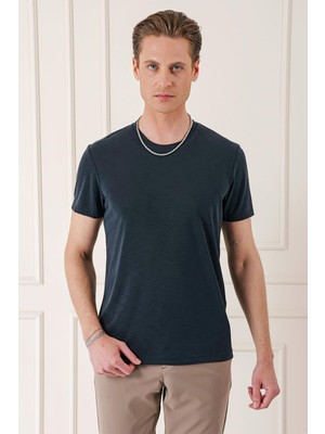 Efor Slim Fit Bisiklet Yaka Doku Desenli Pamuklu Siyah Tişört Ts 881