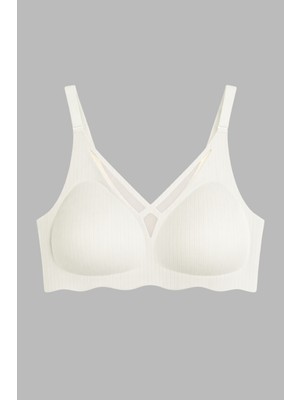 Cottonhill Seamless Bra - Liny | Krem Lazer Kesim Dikişsiz Çizgi Desenli Dekolteli Kadın Sütyen