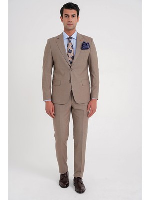 Efor Slim Fit Çift Yırtmaç Esnek Yün Vizon Takım Elbise Tk 918