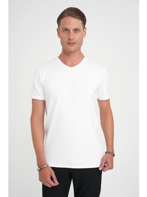 Efor Comfort Fit V Yaka Esnek Pamuk Düz Kısa Kol Beyaz Tişört Ts 907