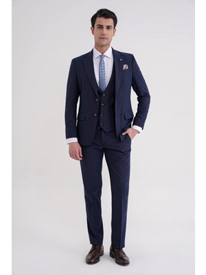 Efor Slim Fit Çift Yırtmaç Ekoseli Esnek Yünlü Yelekli Klasik Lacivert Takım Elbise Tk 934