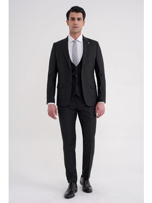 Efor Slim Fit Çift Yırtmaç Çizgili Esnek Yünlü Siyah Yelekli Klasik Takım Elbise Tk 935