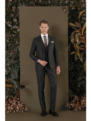 Efor Slim Fit Mono Yaka Yünlü Kahverengi Yelekli Takım Elbise TK 880