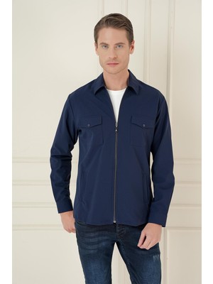 Efor Önden Fermuarlı Yan Cepli Esnek Pamuk Lacivert Ceket Gömlek G 1582
