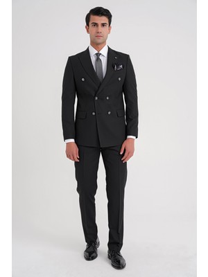 Efor Slim Fit Çift Yırtmaç Yünlü Esnek Düz Siyah Kruvaze Takım Elbise Tk 920