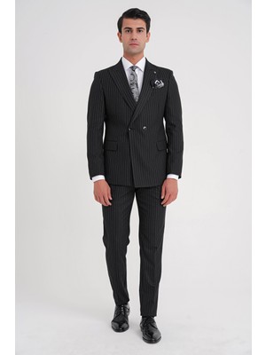 Efor Comfort Fit Çift Yırtmaç Italyan Çizgili Siyah Kruvaze Takım Elbise Tk 930