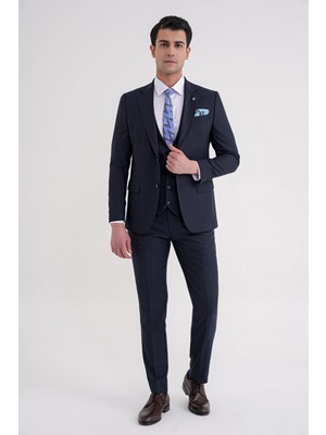 Efor Slim Fit Mono Yaka Çift Yırtmaç Armürlü Esnek Yünlü Lacivert Yelekli Klasik Takım Elbise Tk 933