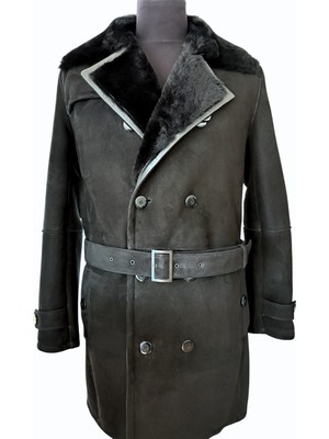 Asus Deri - Siyah  Süet Koyun Kürkü Erkek Trençkot - Burb