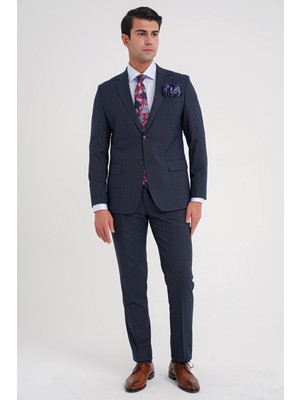 Efor Slim Fit Çift Yırtmaç Doku Desenli Esnek Lacivert Yelekli Takım Elbise TK 916