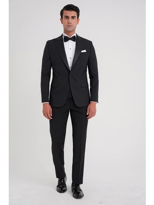 Efor Slim Fit Çıkarılabilir Kırlangıç Saten Yaka Siyah Damatlık Smokin Takım Black 081