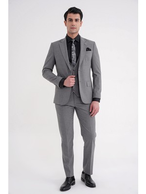 Efor Slim Fit Çift Yırtmaç Ekoseli Esnek Yünlü Yelekli Klasik Füme Takım Elbise Tk 934