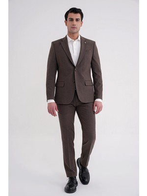 Efor Slim Fit Çift Yırtmaç Gofre Kumaş Esnek Kahverengi Spor Takım Elbise Tk 940