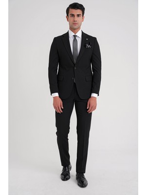 Efor Slim Fit Çift Yırtmaç Esnek Düz Siyah Takım Elbise Tk 917