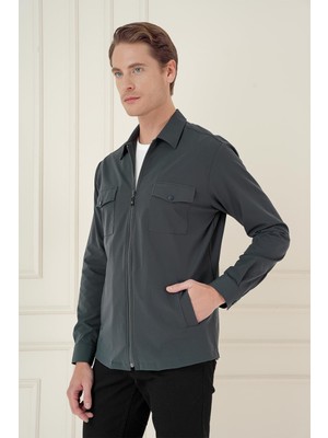 Efor Önden Fermuarlı Yan Cepli Esnek Pamuk Yeşil Ceket Gömlek G 1582