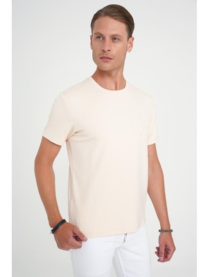 Efor Comfort Fit Bisiklet Yaka Nakışlı Kısa Kol Açık Krem Pamuk Tişört Ts 910