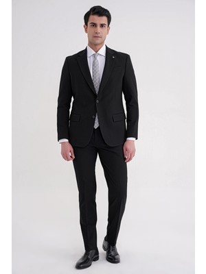 Efor Slim Fit Çift Yırtmaç Gofre Kumaş Esnek Siyah Spor Takım Elbise Tk 940