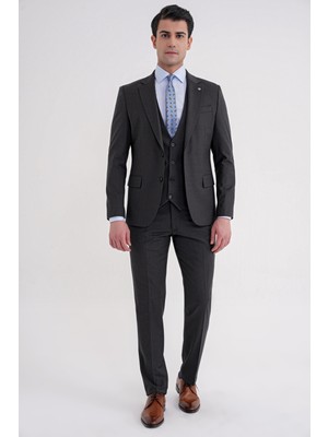 Efor Slim Fit Çift Yırtmaç Çizgili Esnek Yünlü Antrasit Yelekli Klasik Takım Elbise TK 935