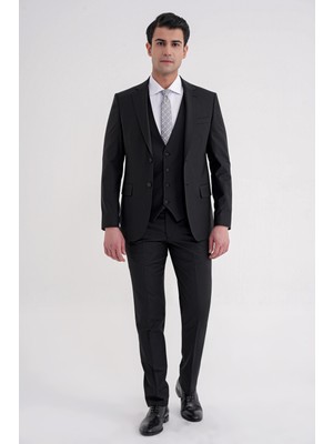Efor Slim Fit Çift Yırtmaç Dokulu %97 Yün Esnek Siyah Yelekli Klasik Takım Elbise Tk 936