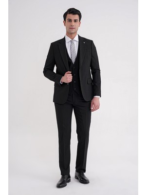 Efor Slim Fit Çift Yırtmaç %97 Yün Esnek Siyah Yelekli Klasik Takım Elbise TK 937