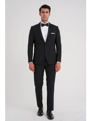Efor Slim Fit Tek Düğme Fleto Cep Çıkarılabilir Saten Yaka Siyah Damatlık Smokin Takım Black 084