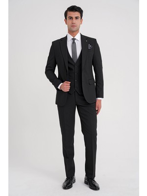 Efor Erkek Slim Fit Çift Yırtmaç Doku Desenli Siyah Yelekli Takım Elbise TK 921