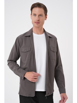 Efor Önden Fermuarlı Yan Cepli Esnek Pamuk Koyu Haki Ceket Gömlek G 1582