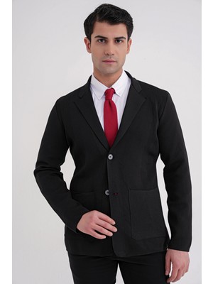 Efor Comfort Fit Ceket Yaka Torba Cep Düğmeli Siyah Yünlü Triko Ceket 04