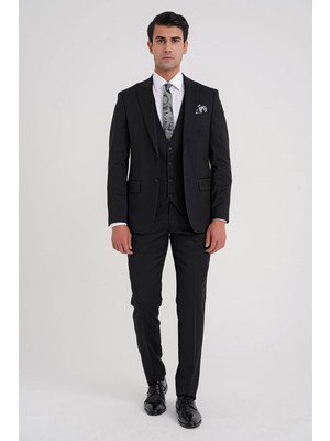 Efor Slim Fit %97 Yün Sivri Yaka Siyah Yelekli Takım Elbise TK 926