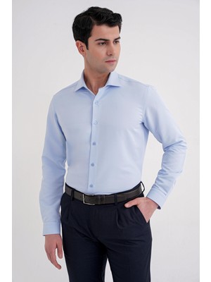 Efor Erkek Slim Fit İtalyan Yaka %100 Pamuk Saten Düz Mavi Gömlek GK 758