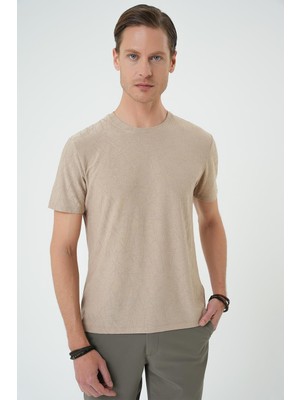 Efor Comfort Fit Bisiklet Yaka Kabartma Desenli Casual Bej Tişört Ts 899