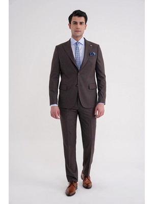 Efor Erkek Slim Fit Çift Yırtmaç Sivri Yaka Esnek Kahverengi  Klasik Takım Elbise TK 939
