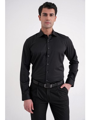 Efor Erkek Slim Fit Kravat Yaka Esnek Pamuklu Siyah Gömlek GK 753