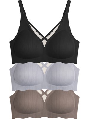 Cottonhill Seamless Bra - Liny | Lazer Kesim Dikişsiz Çizgi Desenli Dekolteli Kadın Sütyen 3'lü Paket-2
