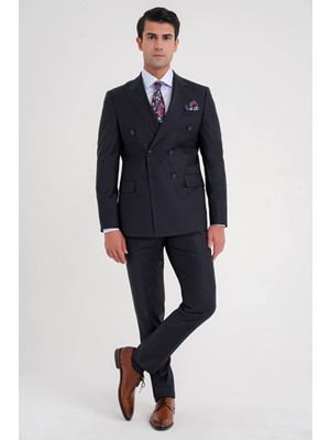 Efor Erkek Slim Fit Çift Yırtmaç %95 Yün Esnek Lacivert Kruvaze Takım Elbise TK 929