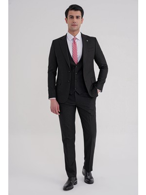 Efor Slim Fit Mono Yaka Çift Yırtmaç Armürlü Esnek Yünlü Siyah Yelekli Klasik Takım Elbise Tk 933