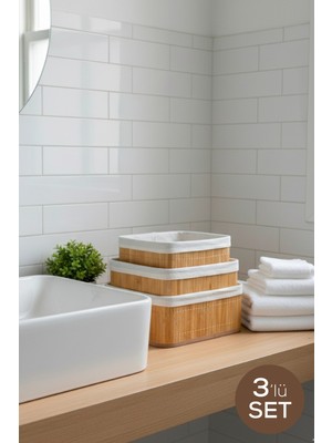 Vienev 3'lü Set Kare Bambu Organizer Sepet | Banyo Mutfak Dolap Içi
