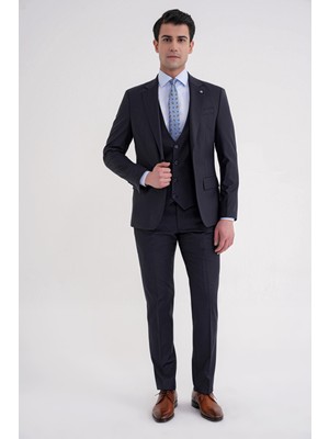 Efor Slim Fit Çift Yırtmaç Çizgili Esnek Yünlü Lacivert Yelekli Klasik Takım Elbise TK 935